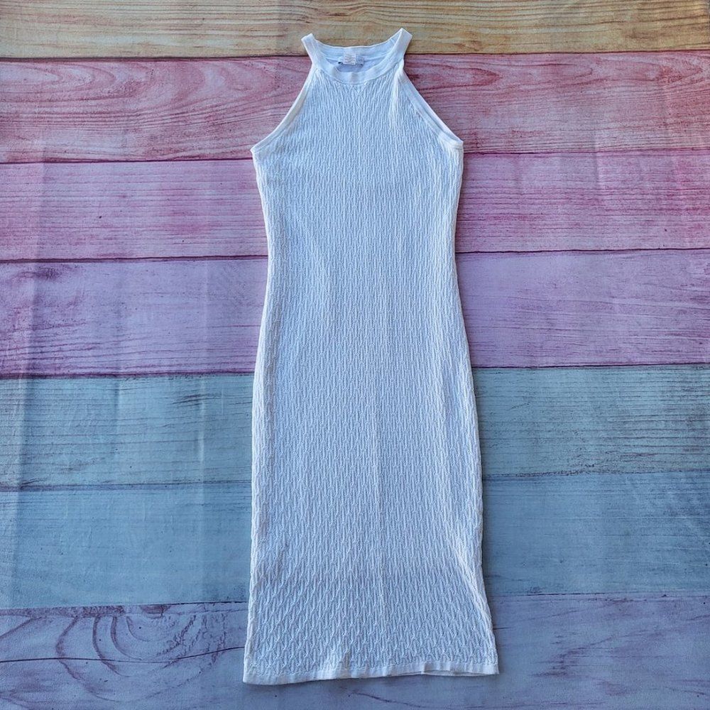 House Of Harlow 1960 White Pointelle Sleeveless High Neck Midi Dress Sz‎ M